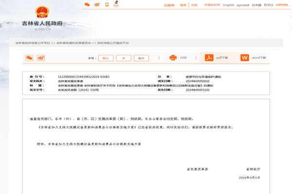 吉林?。骸都恿χС执笠?guī)模設(shè)備更新和消費品以舊換新實施方案》發(fā)布
